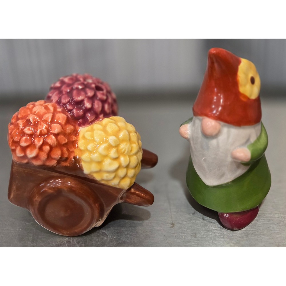 Heartland Hive Gnome & Flower Wheelbarrow Salt & Pepper Shaker Set Fall Decor